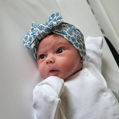 Blue Daisy Smaller Bow Headband For Newborns to Age 3 - Image 1