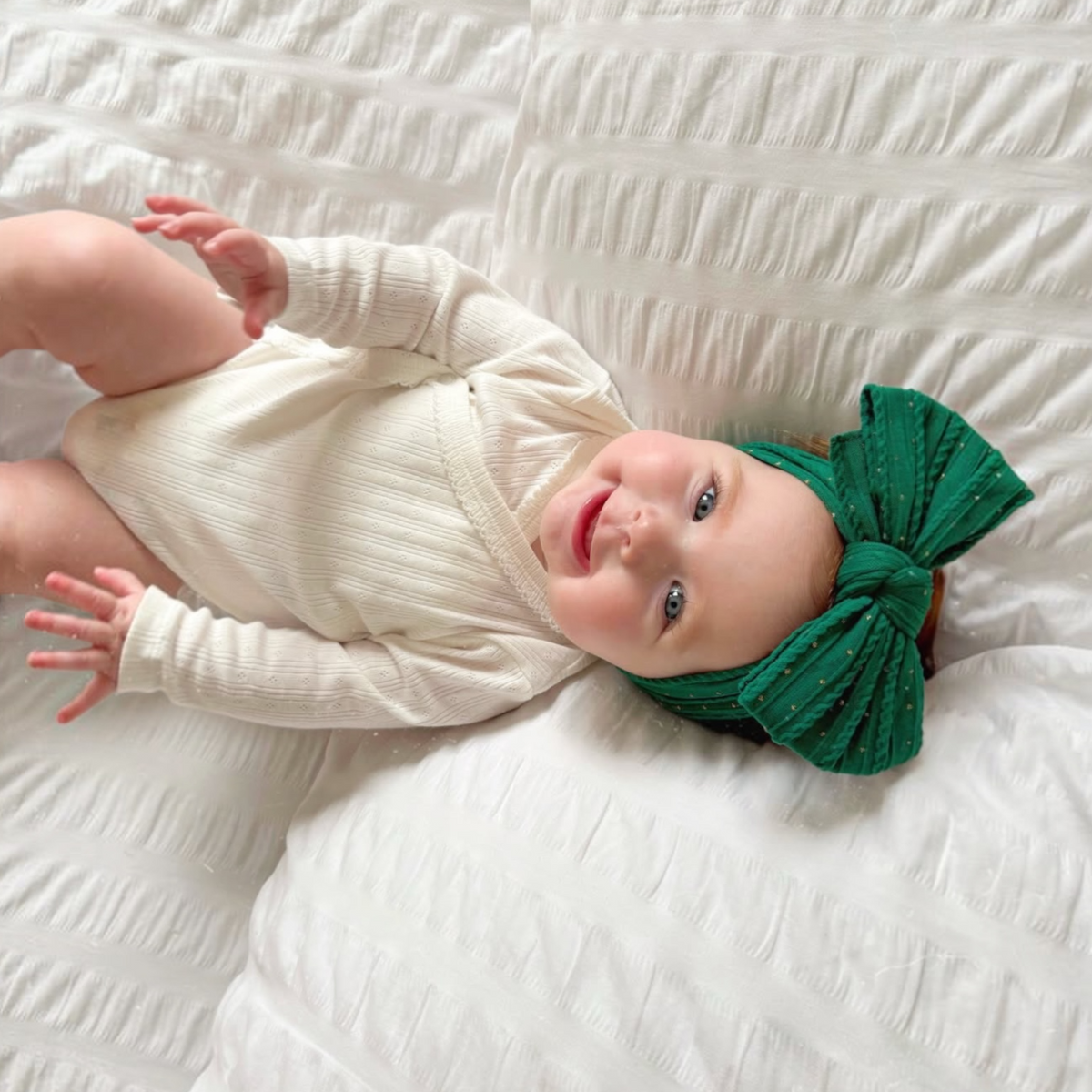 Christmas Bottle Green Gold Spot Larger Bow Headband For Babies  - Image 1