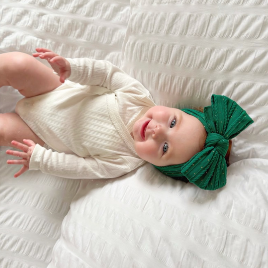 Christmas Bottle Green Gold Spot Larger Bow Headband For Babies  - Image 1