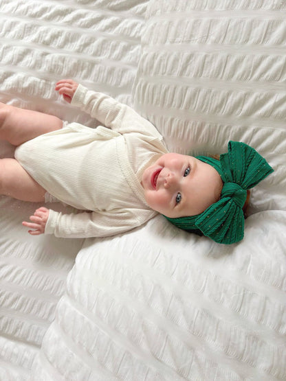 Christmas Bottle Green Gold Spot Larger Bow Headband For Babies  - Image 4