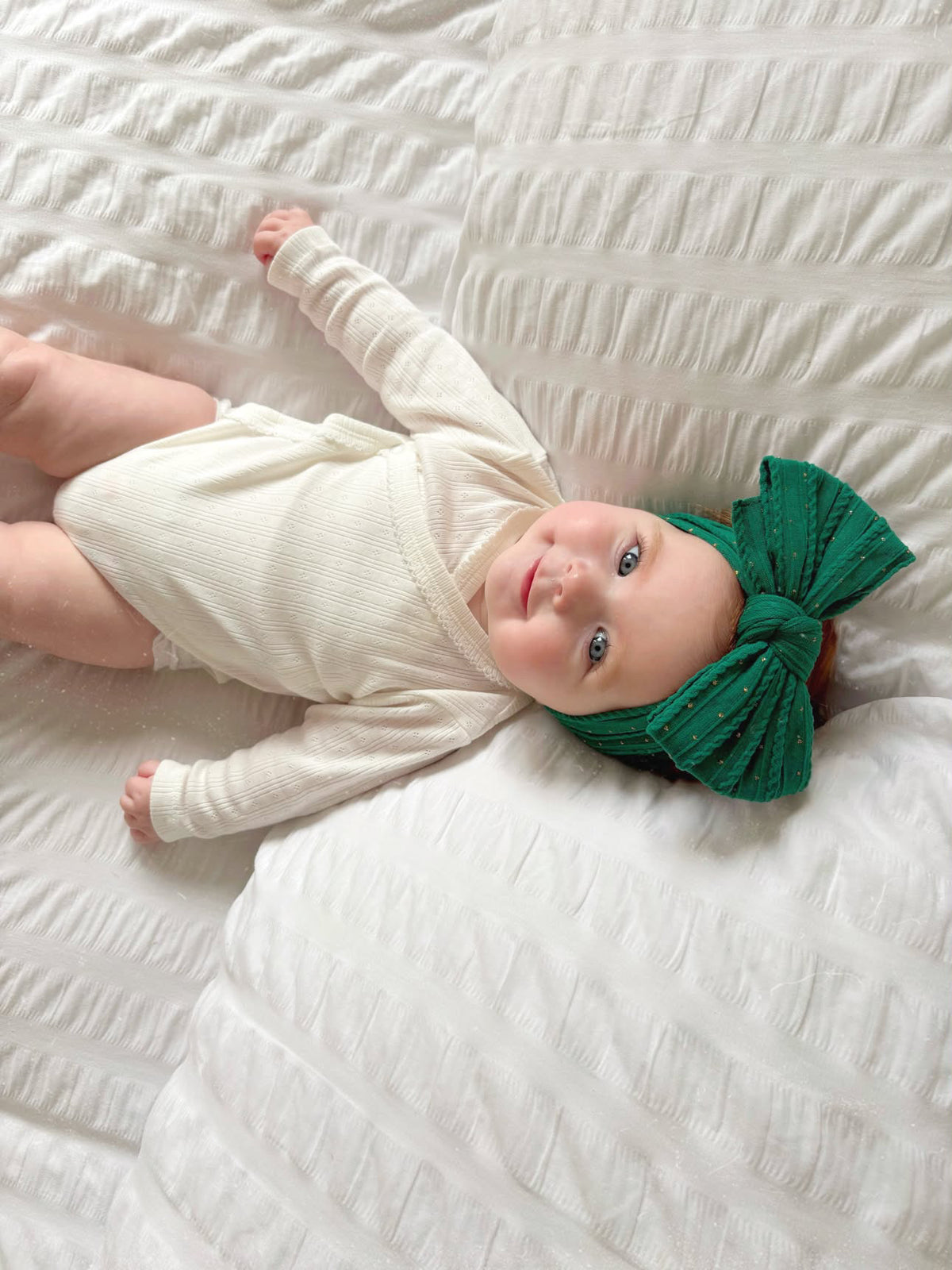 Christmas Bottle Green Gold Spot Larger Bow Headband For Babies  - Image 2