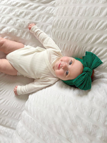Christmas Bottle Green Gold Spot Larger Bow Headband For Babies  - Image 2