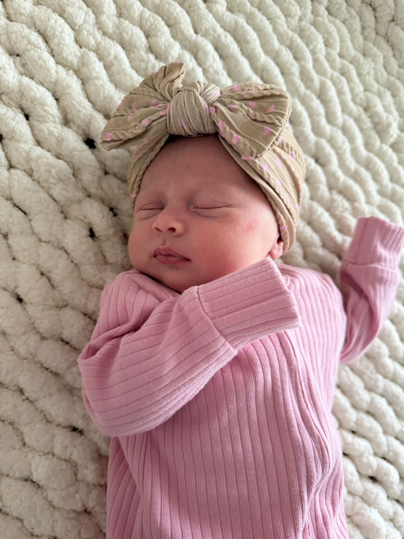 Brown & Pink Heart Smaller Bow Headband For Newborn to Age 3 - Image 1