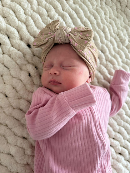 Brown & Pink Heart Smaller Bow Headband For Newborn to Age 3 - Image 1