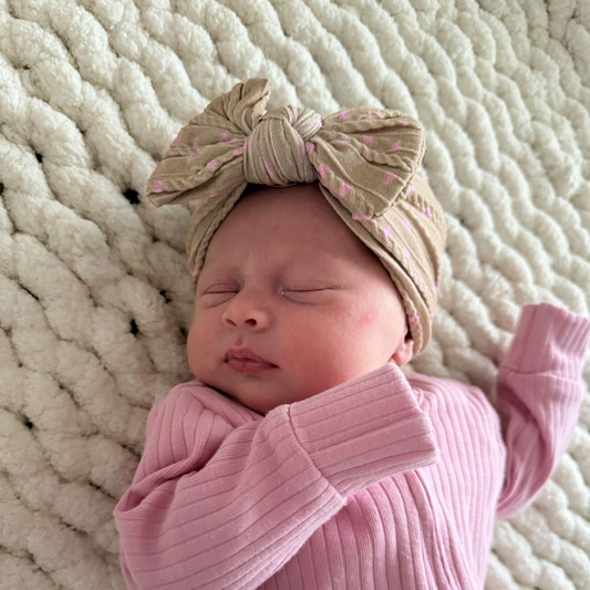 Brown and Pink Heart Pattern Smaller Bow Cable Knit Headband - Valentines Day