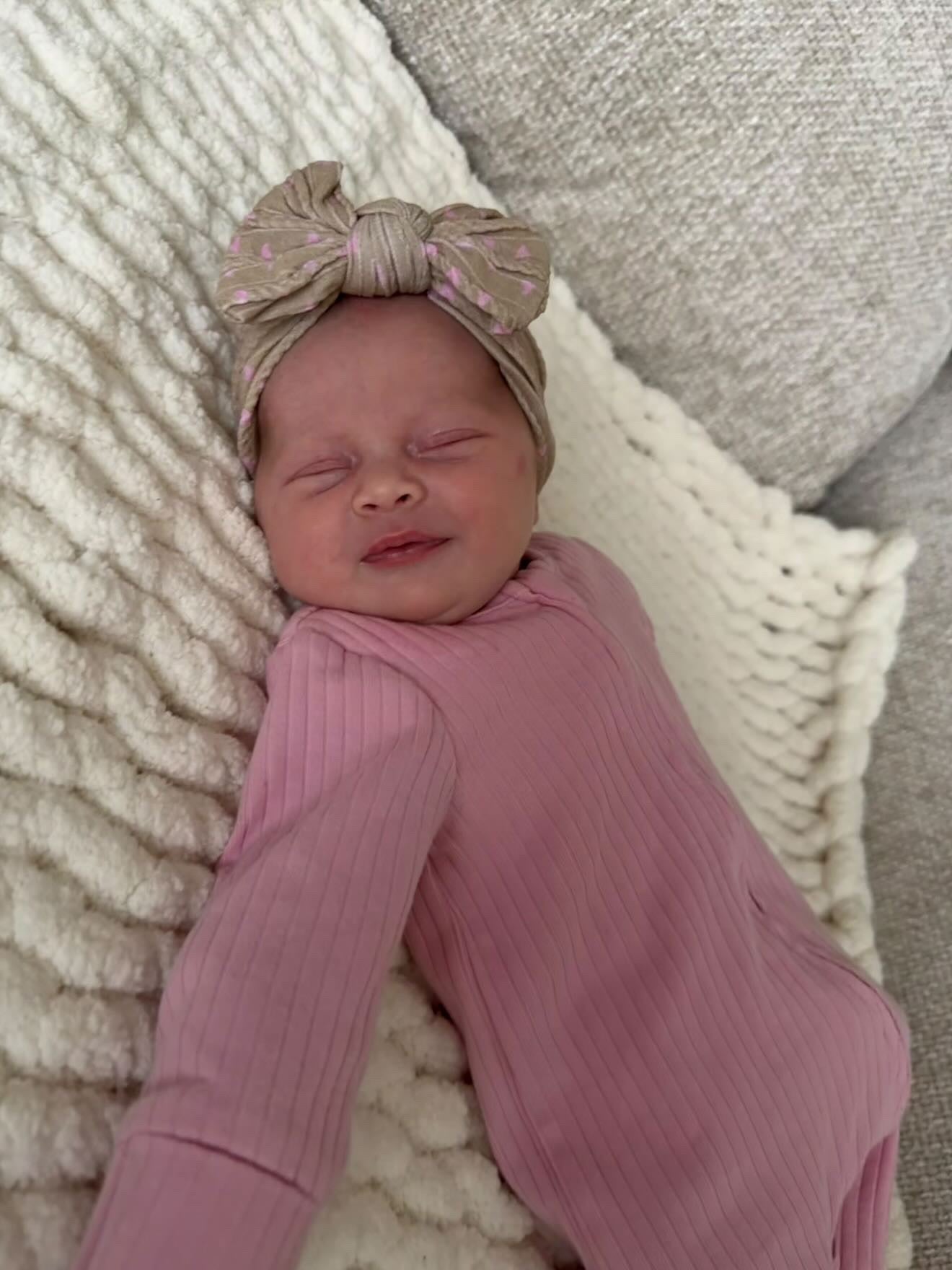 Brown & Pink Heart Smaller Bow Headband For Newborn to Age 3 - Image 2