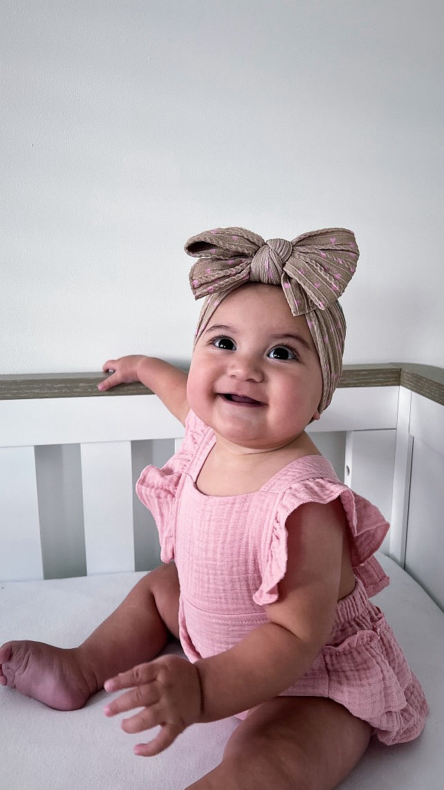 Brown & Pink Hearts Pattern Larger Bow Headband For Baby Girls - Image 1