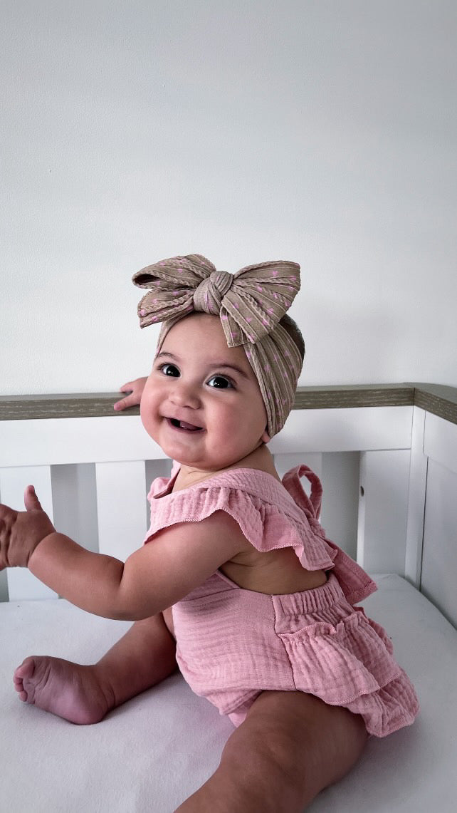 Brown & Pink Hearts Pattern Larger Bow Headband For Baby Girls - Image 4