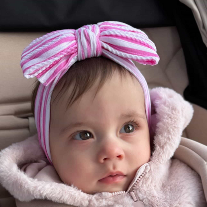 Candy Pink Stripe Larger Bow Headband For Girls From Newborn - Image 1