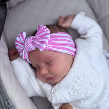 Candy Pink Stripe Smaller Bow Headband For Newborns to Age 3 - Image 1