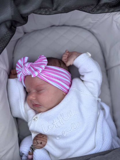 Candy Pink Stripe Smaller Bow Headband For Newborns to Age 3 - Image 2