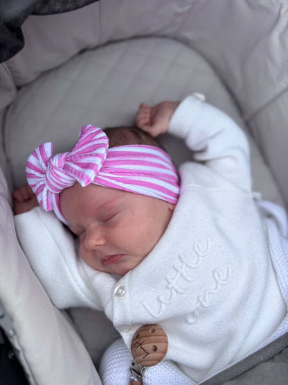 Candy Pink Stripe Smaller Bow Headband For Newborns to Age 3 - Image 5