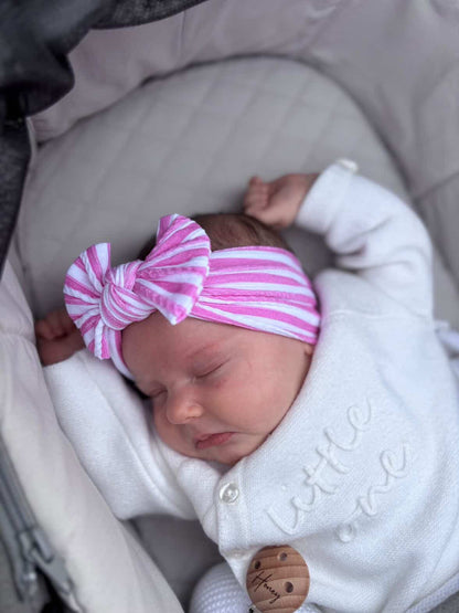 Candy Pink Stripe Smaller Bow Headband For Newborns to Age 3 - Image 6