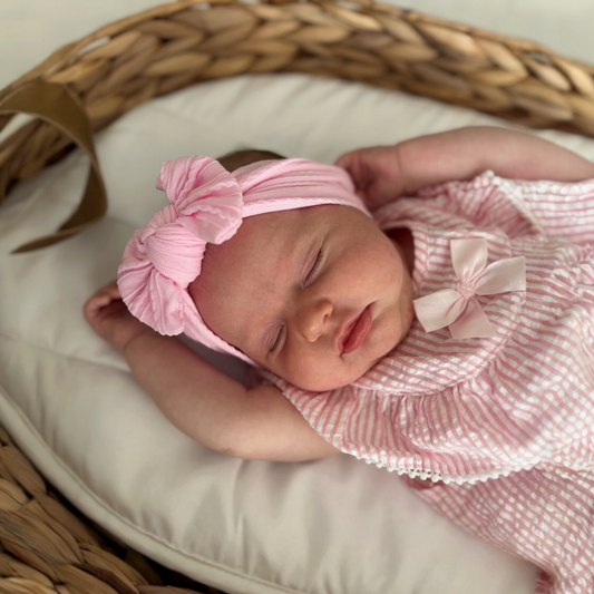 Carnation Pink Smaller Bow Headband For Babies From Newborn - Image 1