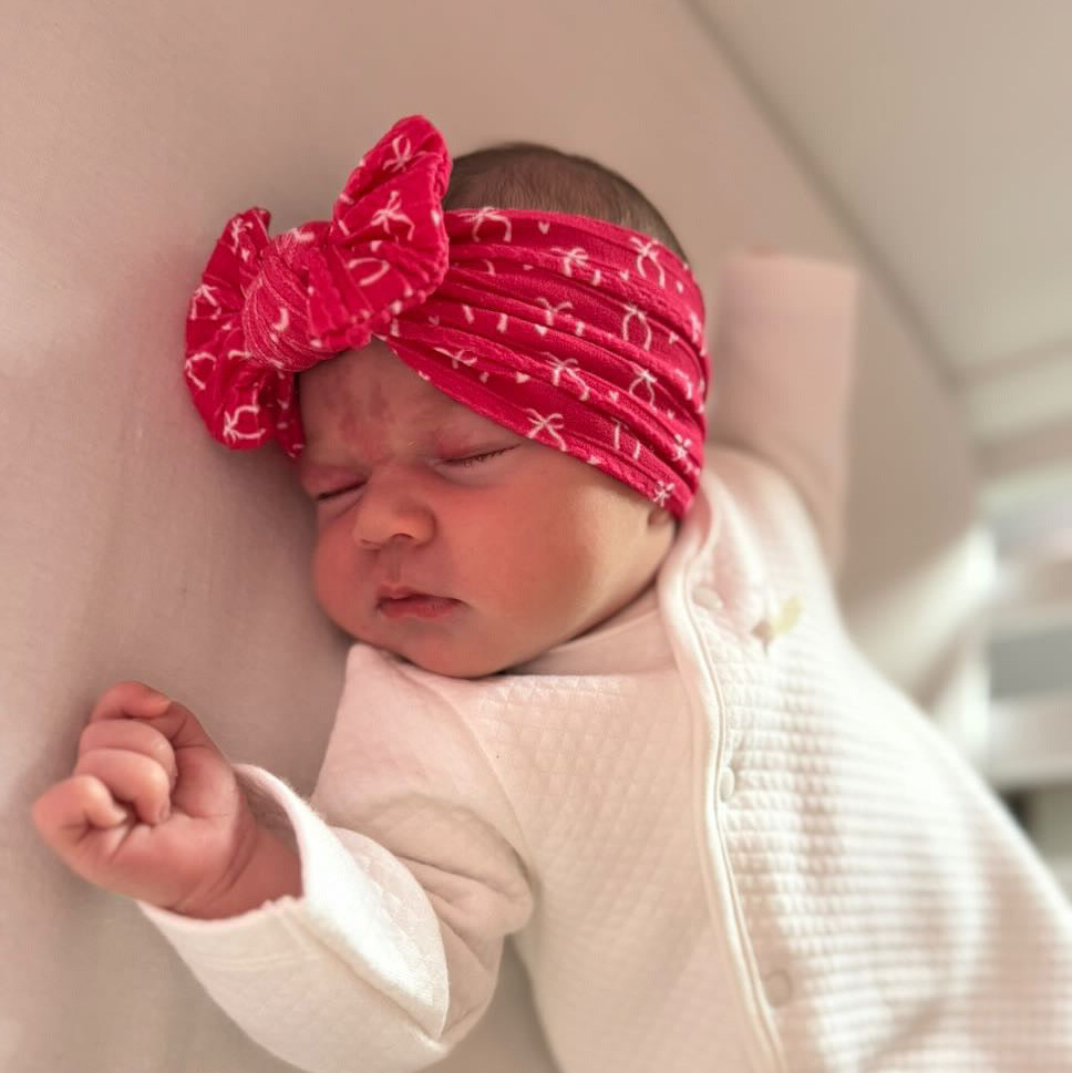 Christmas Cranberry Red Bow Smaller Bow Headband For Babies - Image 1