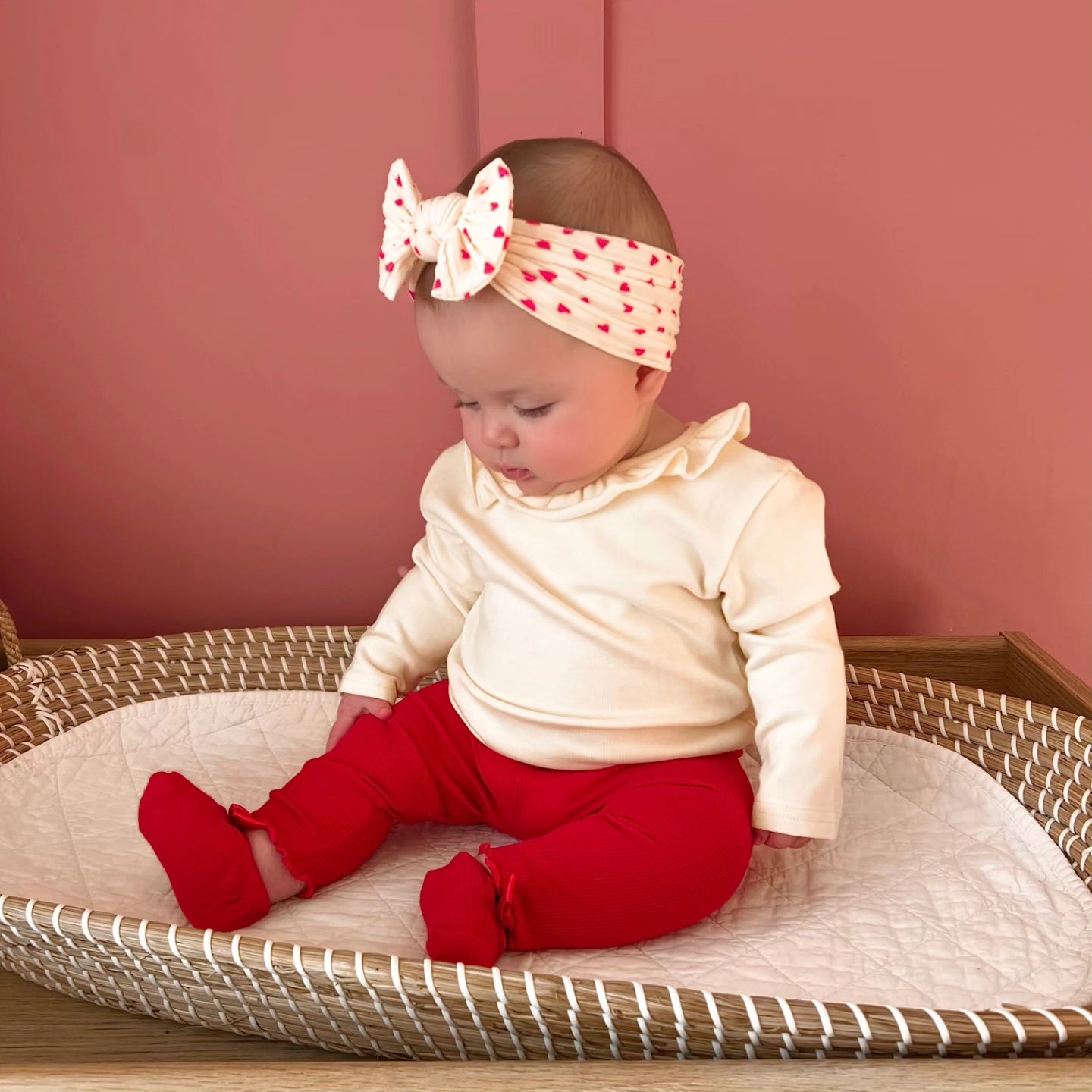 Cream & Red Heart Smaller Bow Headband For Babies to Age 3 - Image 3