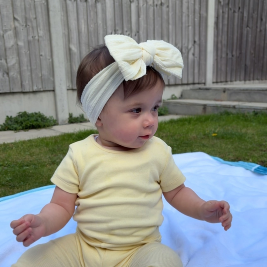Custard Yellow Larger Bow Headband For Newborn to Age 3 - Image 1
