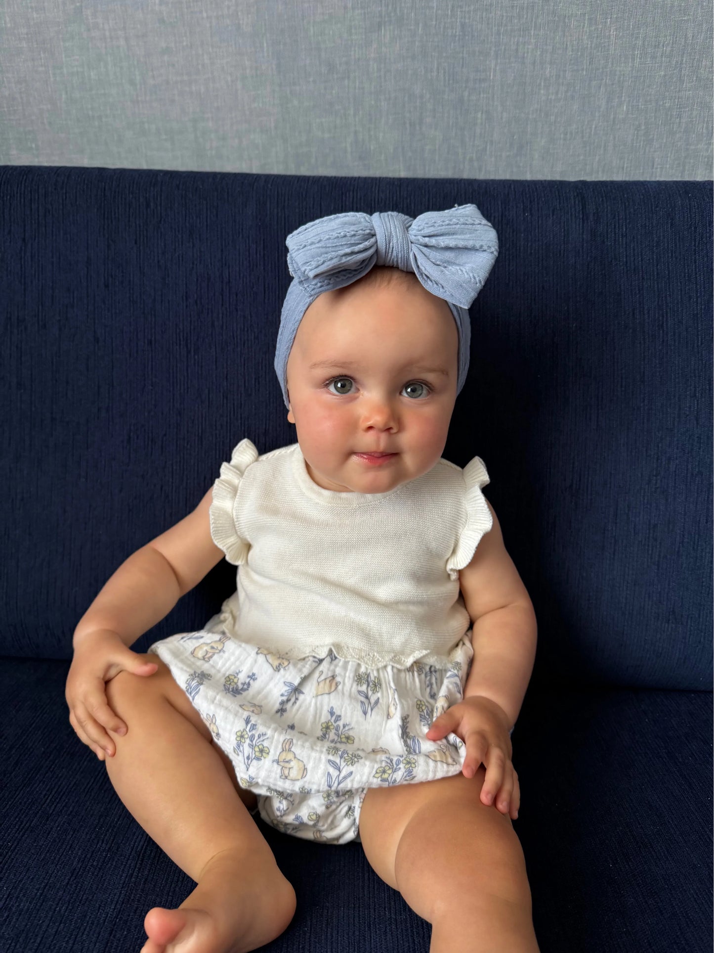 Denim Blue Larger Bow Headband Designed For Baby Girls - Image 3