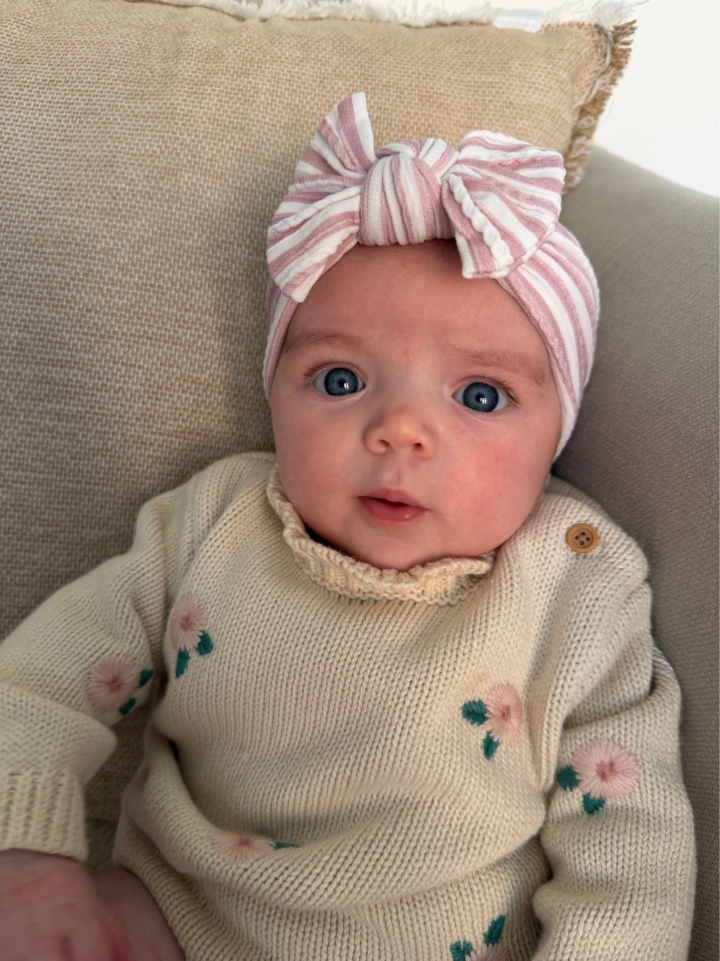 Dusty Pink Pinstripe Pattern Smaller Bow Cable Knit Headband