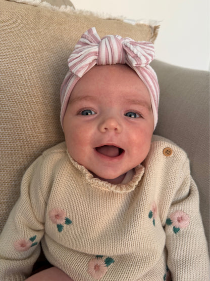 Dusty Pink Pinstripe Pattern Smaller Bow Cable Knit Headband