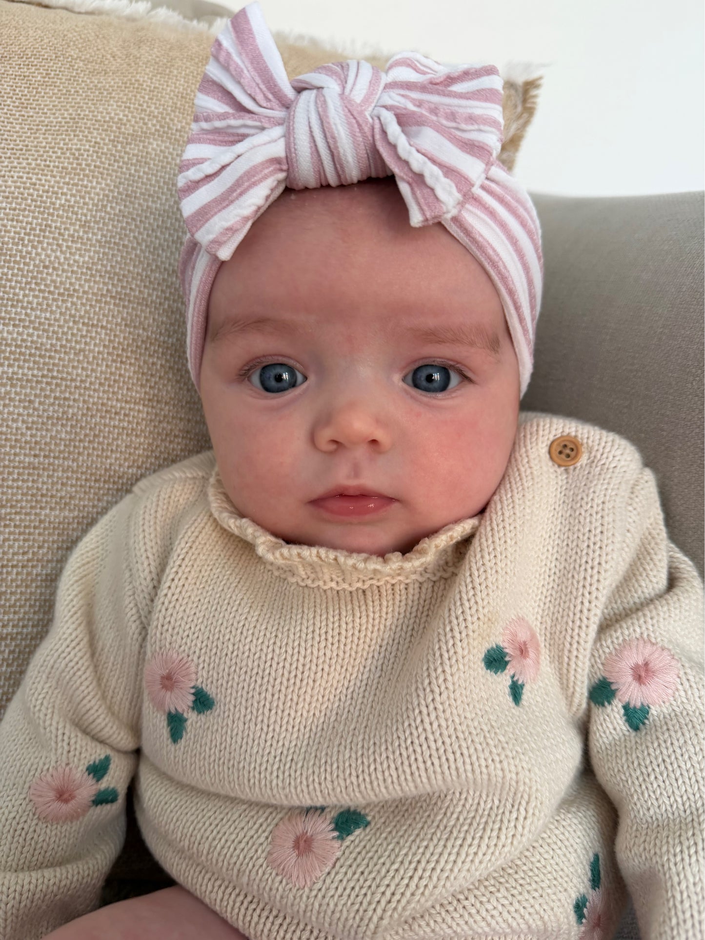 Dusty Pink Pinstripe Pattern Smaller Bow Cable Knit Headband