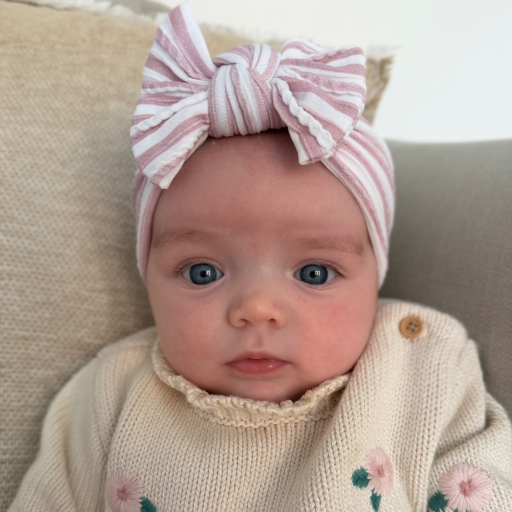 Dusty Pink Pinstripe Pattern Smaller Bow Cable Knit Headband