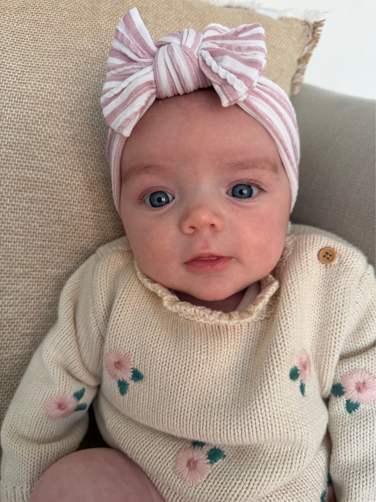 Dusty Pink Pinstripe Pattern Smaller Bow Cable Knit Headband