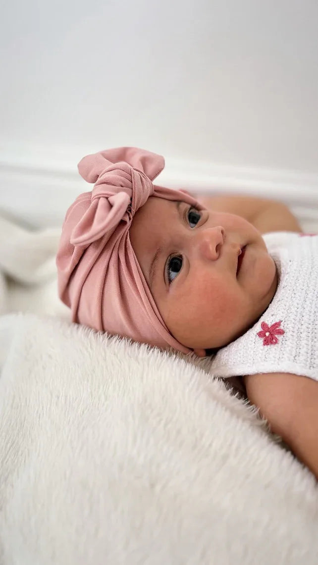 Dusty Pink Bow Turban Hat For Babies From Newborn to 6 Months - Image 1