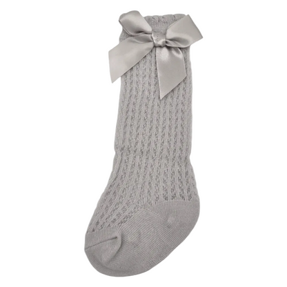 Grey Open Patterned Knee High Style Baby Socks With Bow - Image 1