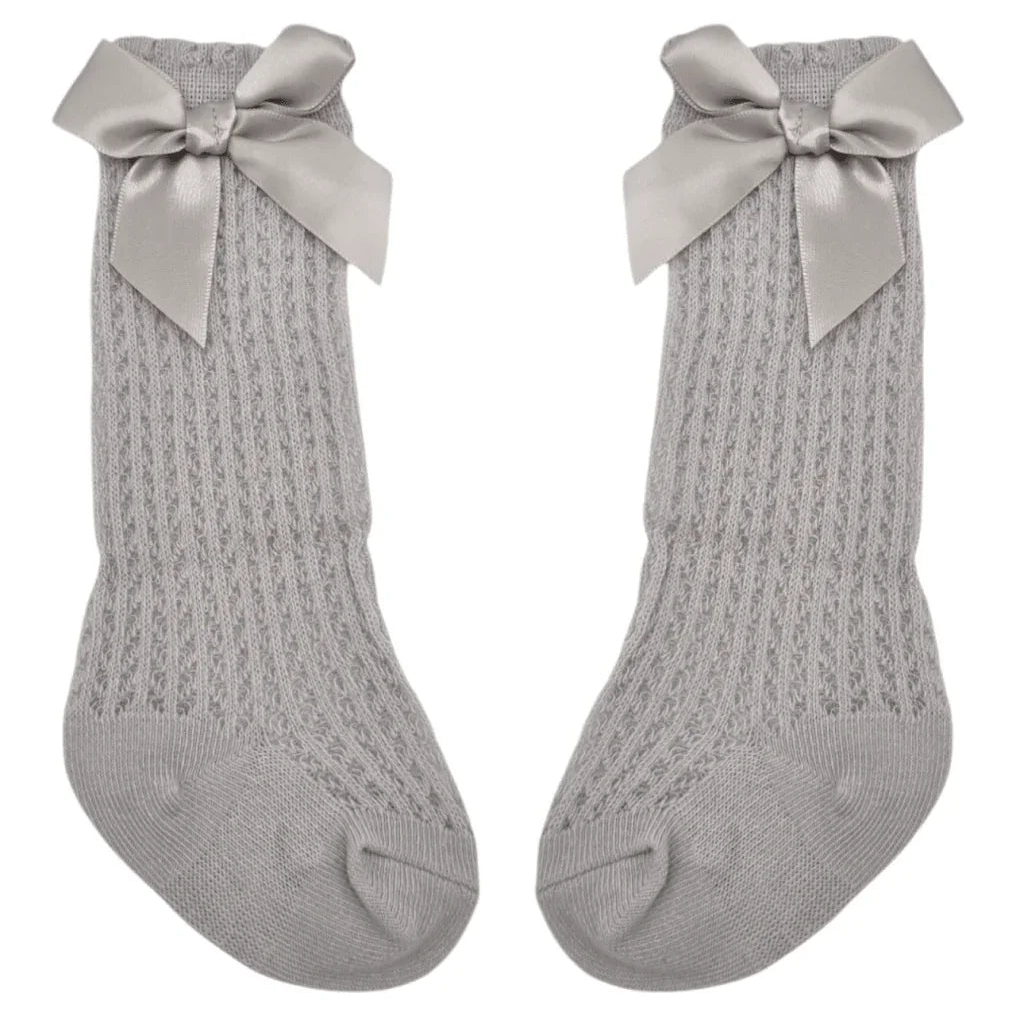 Grey Open Patterned Knee High Style Baby Socks With Bow - Image 2