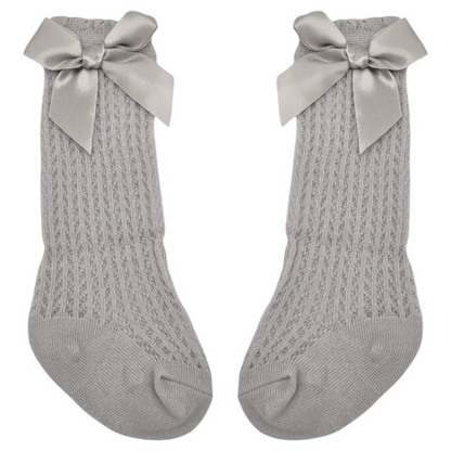 Grey Open Patterned Knee High Style Baby Socks With Bow - Image 2