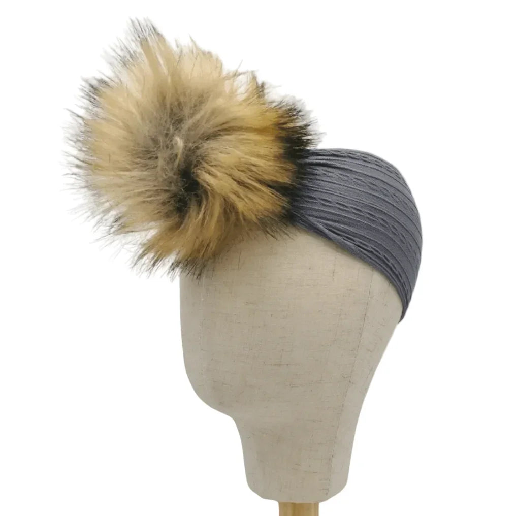 Grey Faux Fur Pom Headband Designed for Babies to Toddlers - Image 1