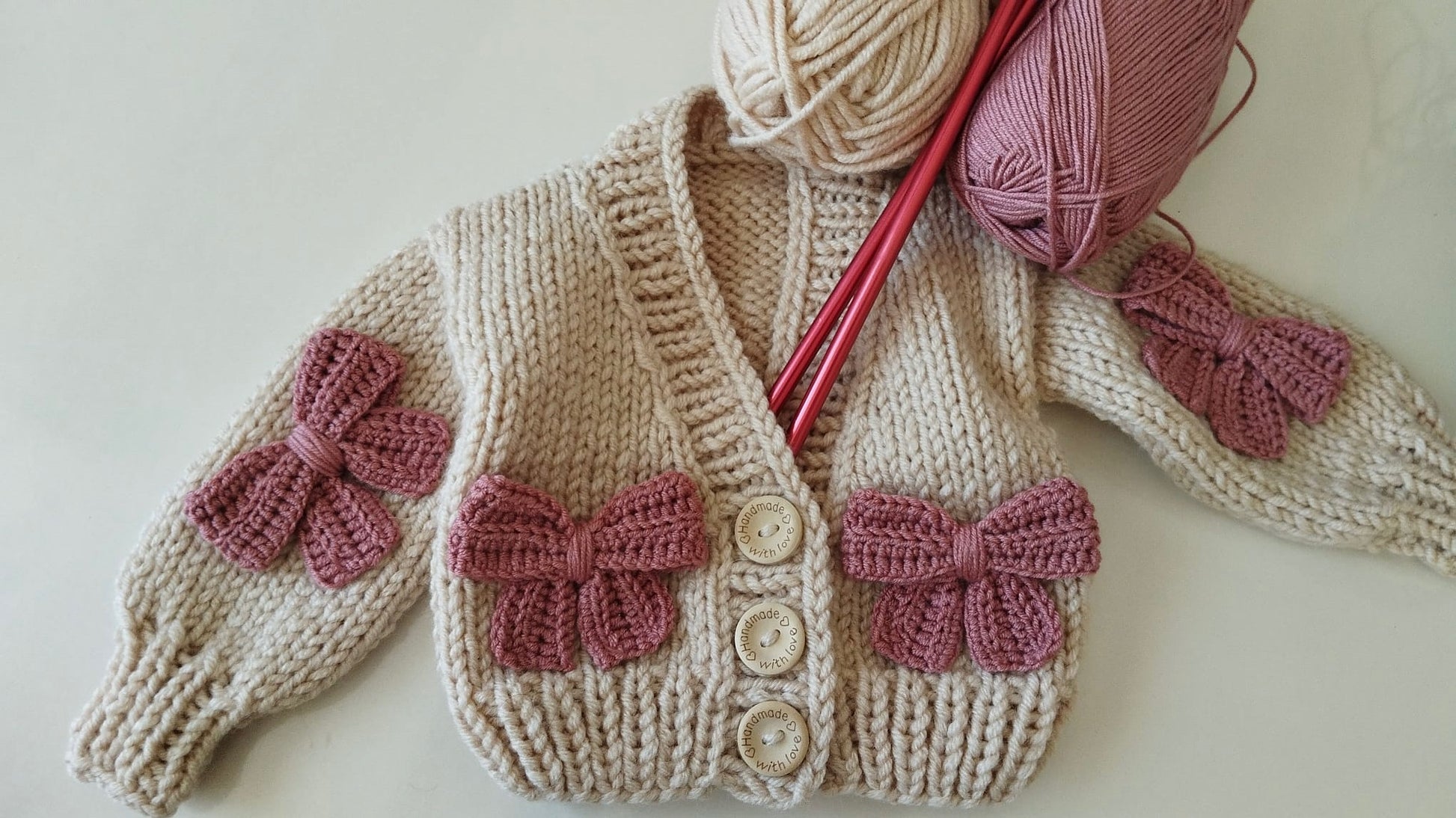 Handknitted Wool Cardigan Latte With Pink Bow For 0-18 Month - Image 8