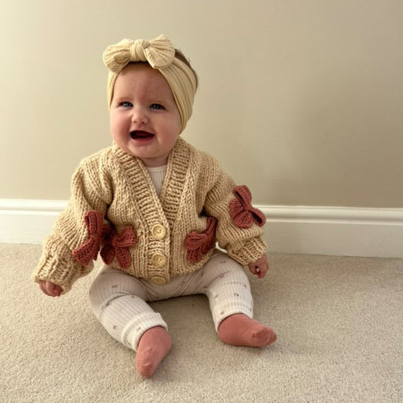 Handknitted Wool Cardigan Latte With Pink Bow For 0-18 Month - Image 2