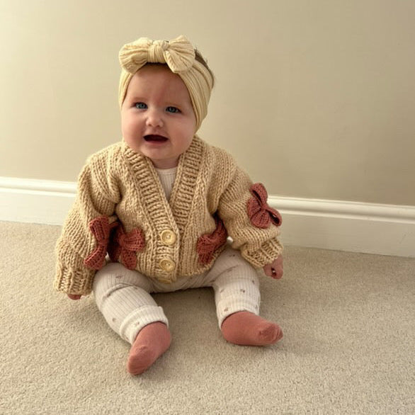 Handknitted Wool Cardigan Latte With Pink Bow For 0-18 Month - Image 3