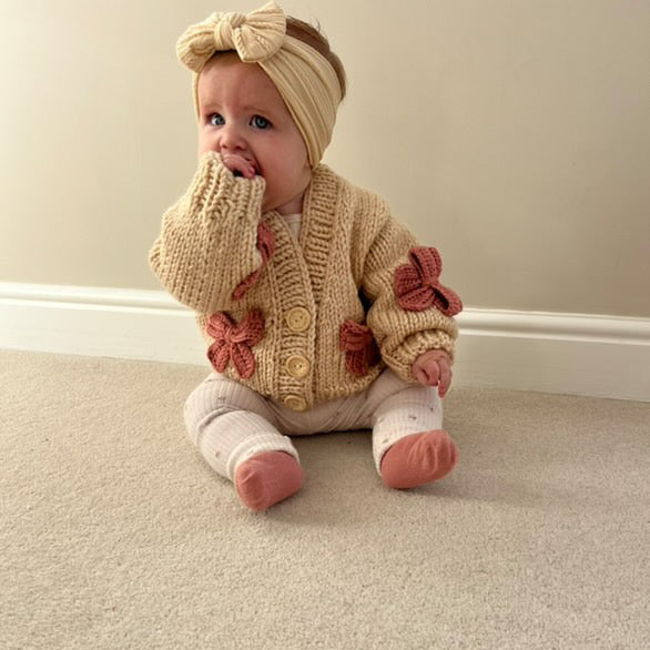 Handknitted Wool Cardigan Latte With Pink Bow For 0-18 Month - Image 4