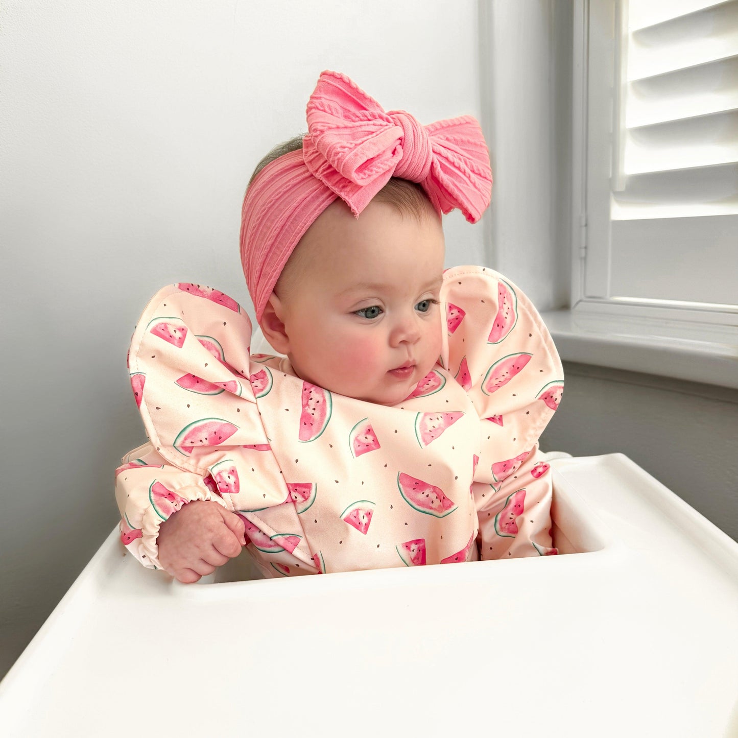 Pink Watermelon Print Frill Detailed Waterproof Bib with Sleeves - Betty Brown Boutique Ltd