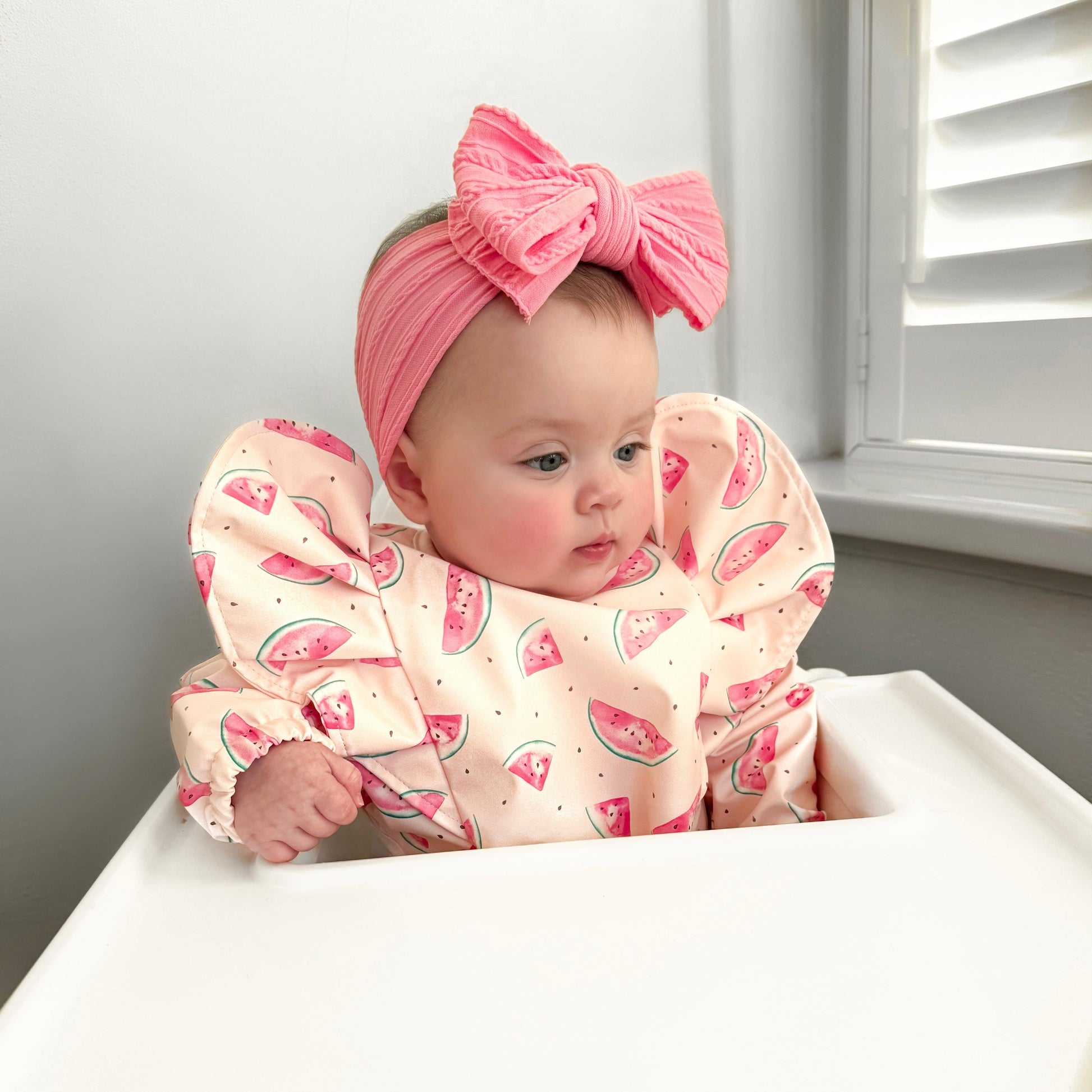 Pink Watermelon Print Frill Detailed Waterproof Bib with Sleeves - Betty Brown Boutique Ltd