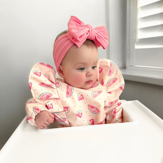Pink Watermelon Print Frill Detail Waterproof Bib with Sleeves - Betty Brown Boutique Ltd