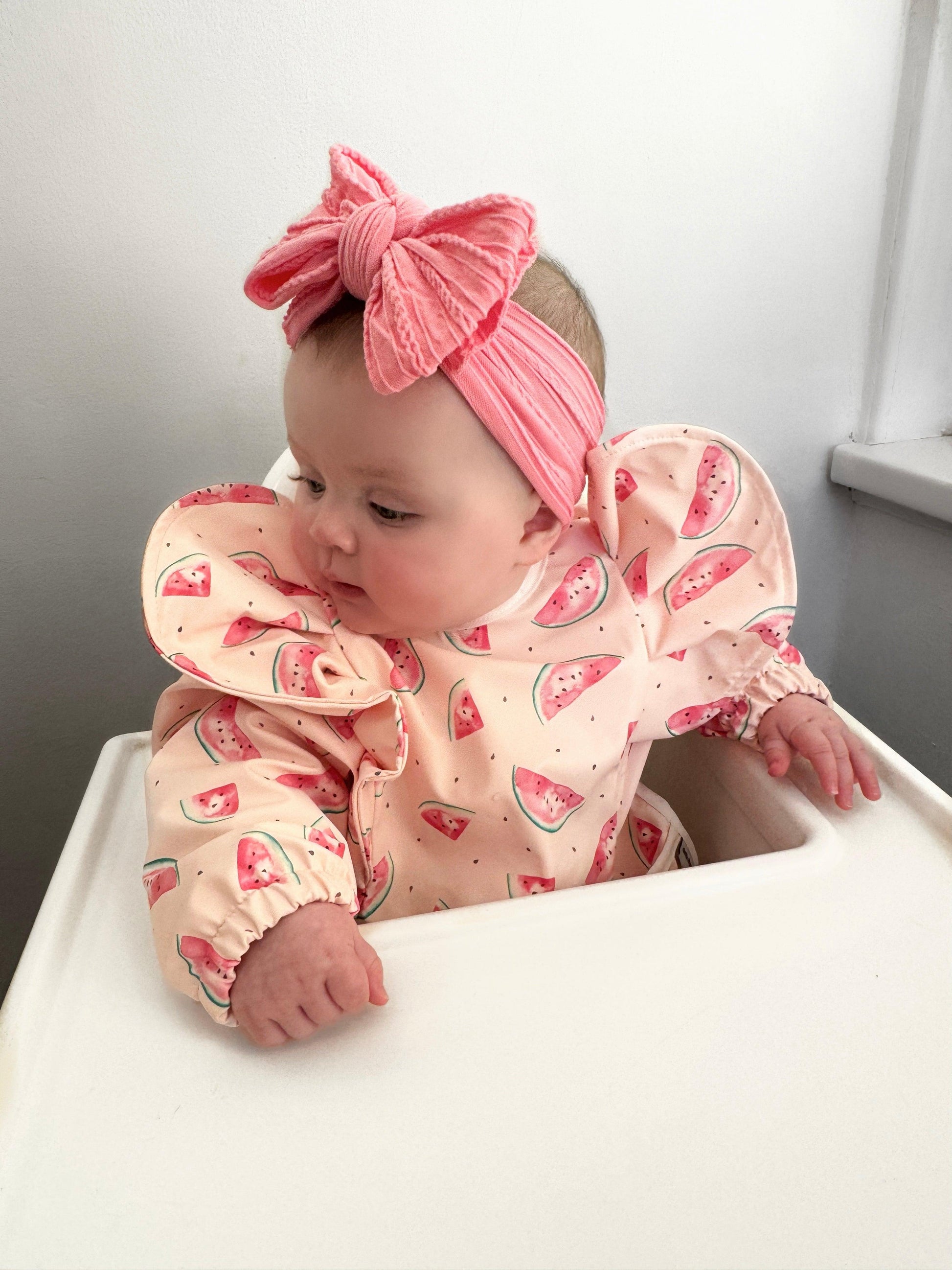 Pink Watermelon Print Frill Detailed Waterproof Bib with Sleeves - Betty Brown Boutique Ltd