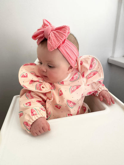 Pink Watermelon Print Frill Detailed Waterproof Bib with Sleeves - Betty Brown Boutique Ltd