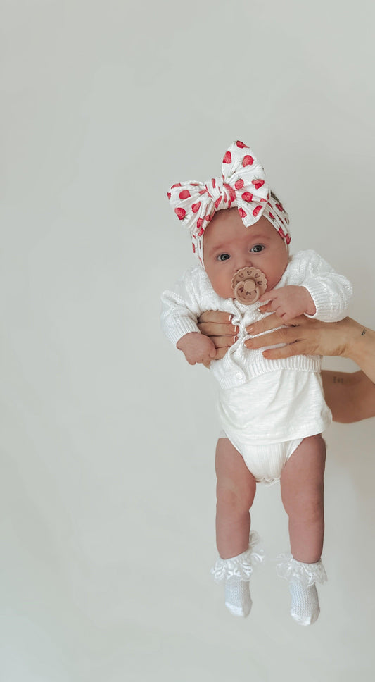 White Strawberry Print Larger Bow Cable Knit Headwrap