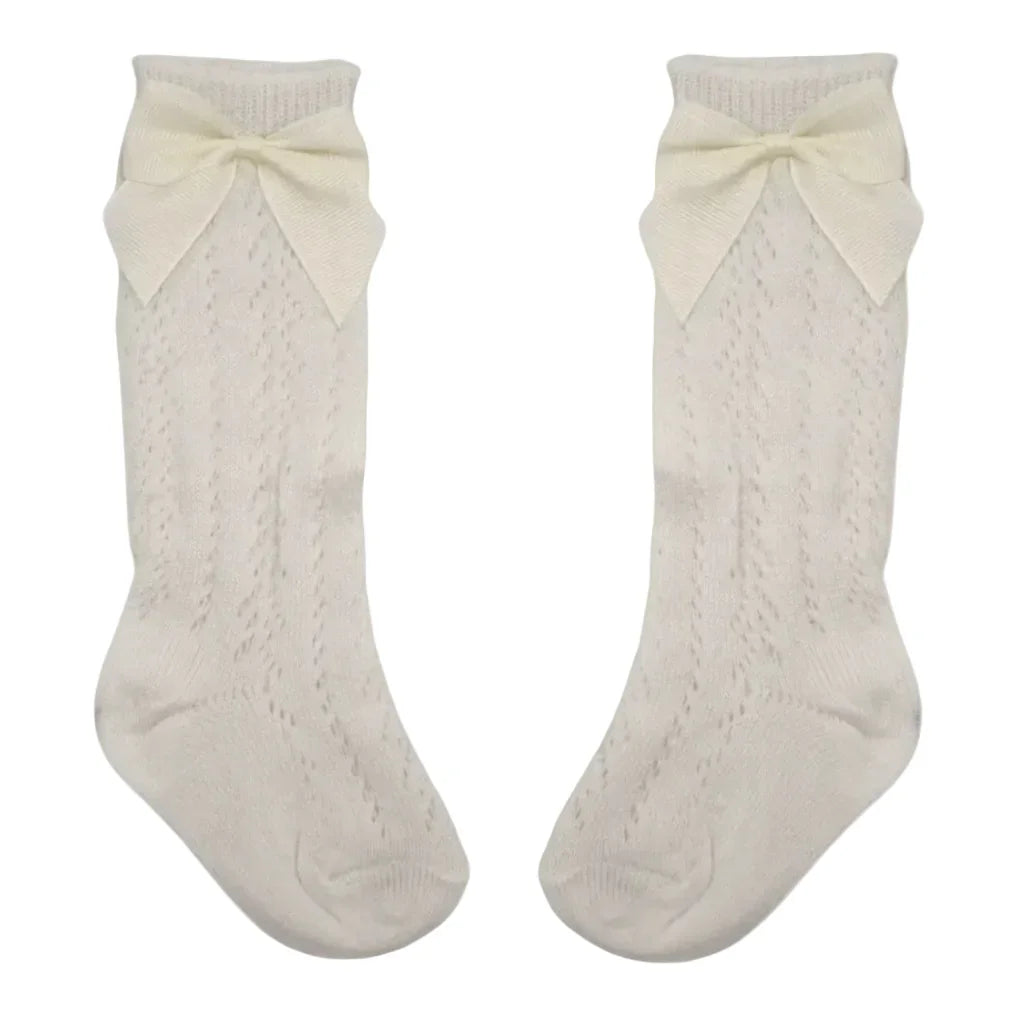 Ivory Open Patterned Knee High Baby Socks With Bow - Image 2