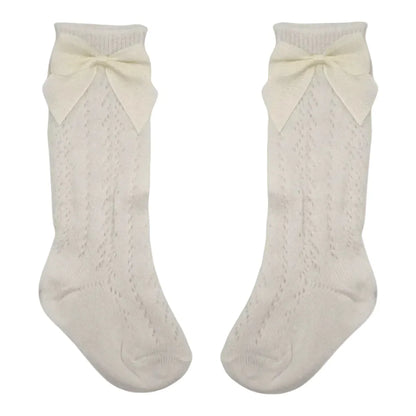 Ivory Open Patterned Knee High Baby Socks With Bow - Image 2