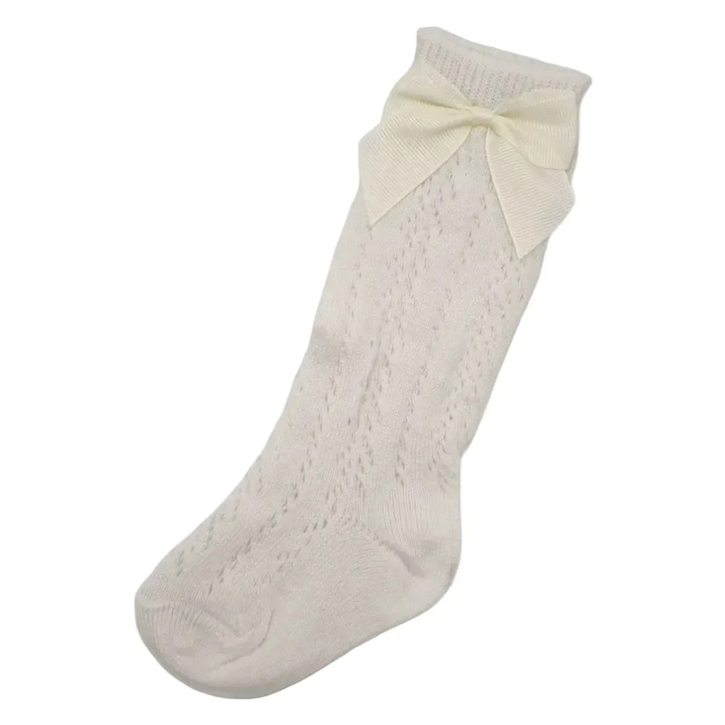 Ivory Open Patterned Knee High Baby Socks With Bow - Image 1