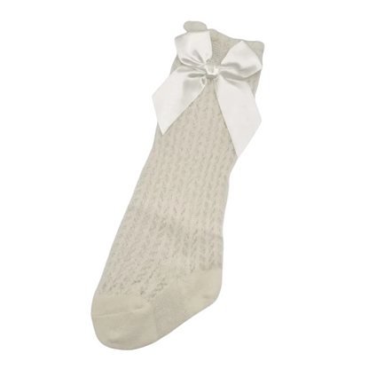 Ivory Open Patterned Knee High Baby Socks With Satin Bow - Image 1