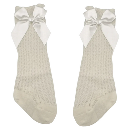 Ivory Open Patterned Knee High Baby Socks With Satin Bow - Image 2