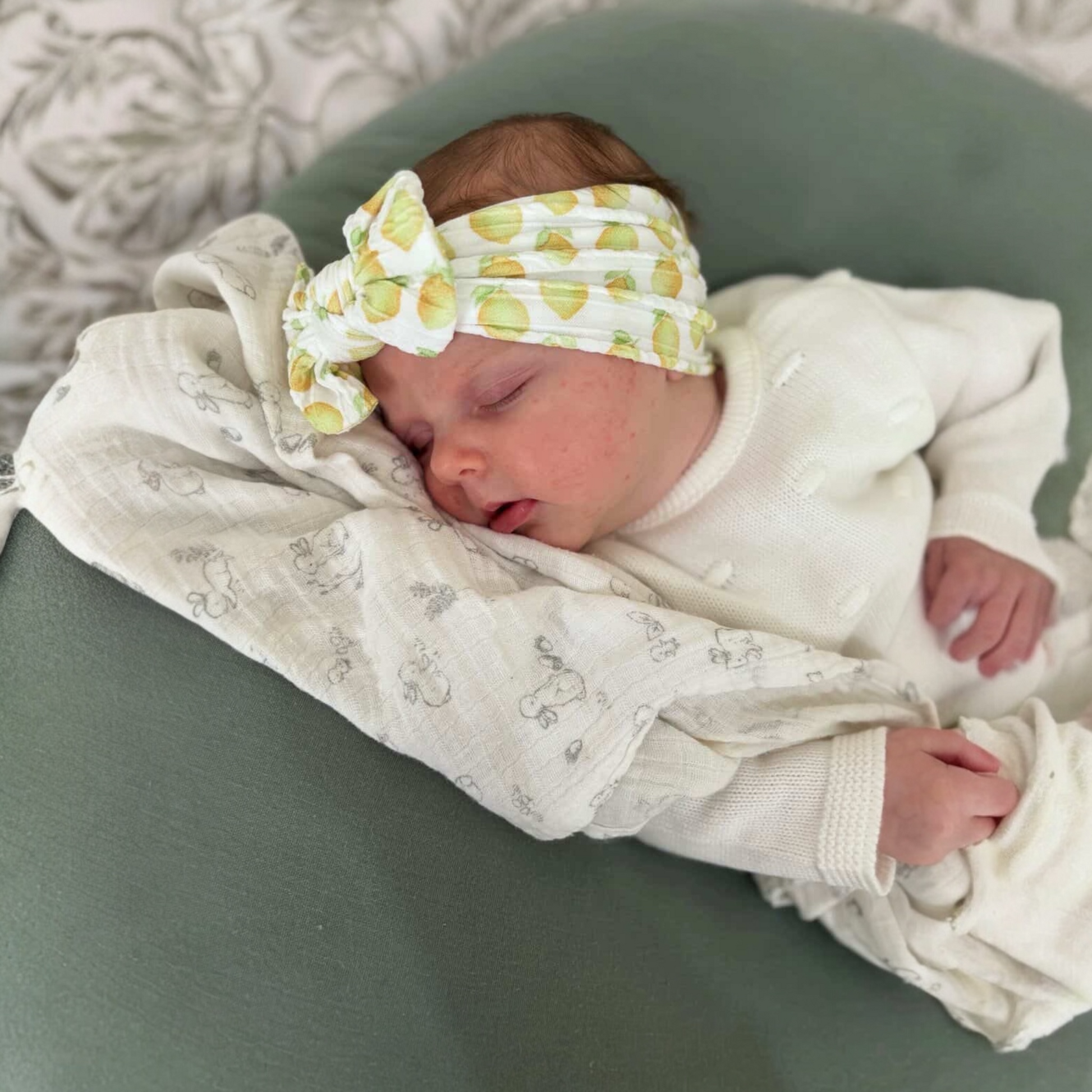 Lemon Print Smaller Bow Headband For Newborns to Age 3 - Image 1