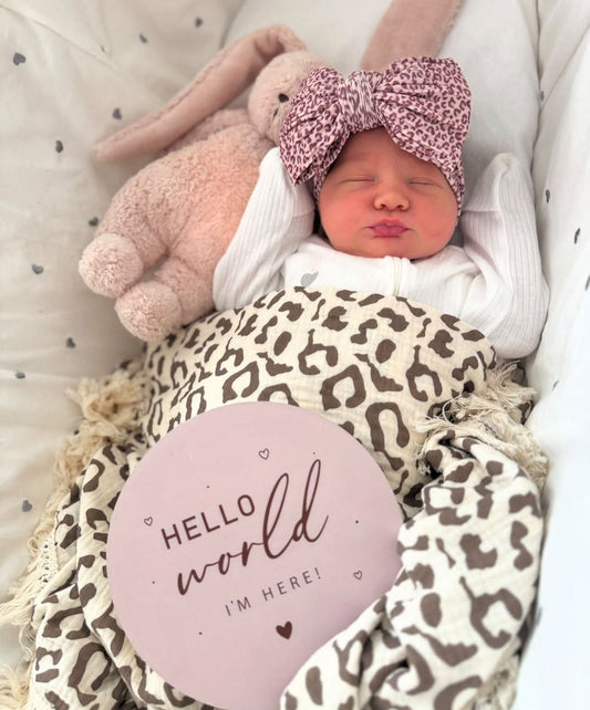 Leopard Print Larger Bow Headband For Newborns to Age 3 - Image 1