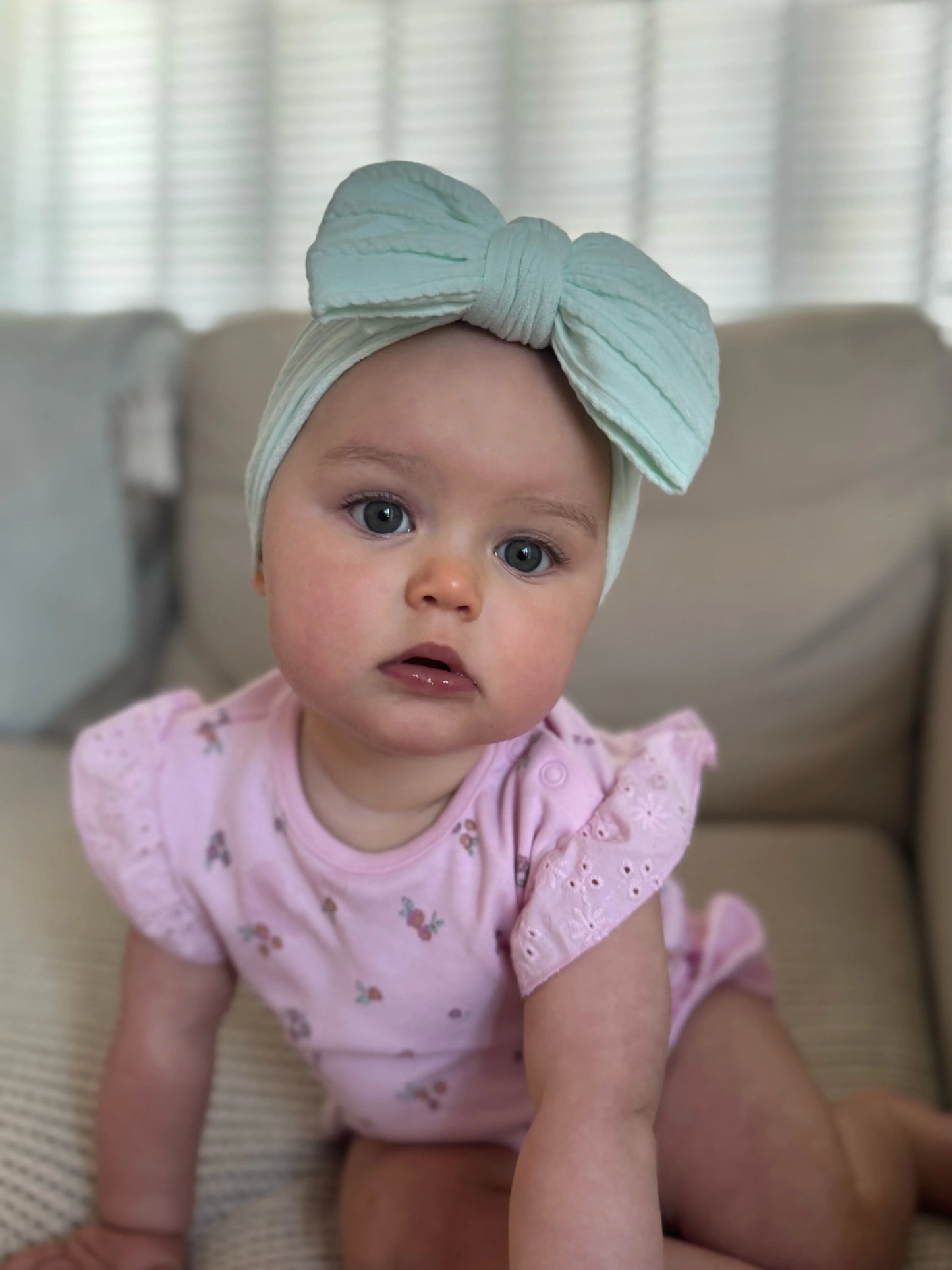 Light Aqua Larger Bow Headband For Newborns to 3 Years Old - Image 3
